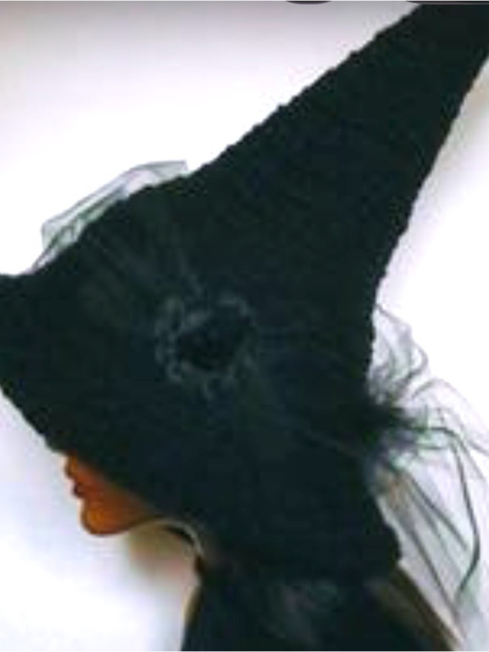 Artisan Made Crochet Black Pointed Witch Hat with Tulle/ Floral Accent